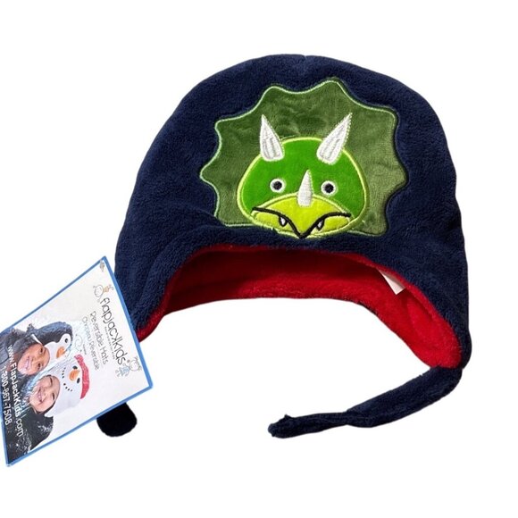 Flap Jack Kids Hat Baby / Toddler Reversible Winter With Dinosaurs Red Blue - Picture 5 of 10